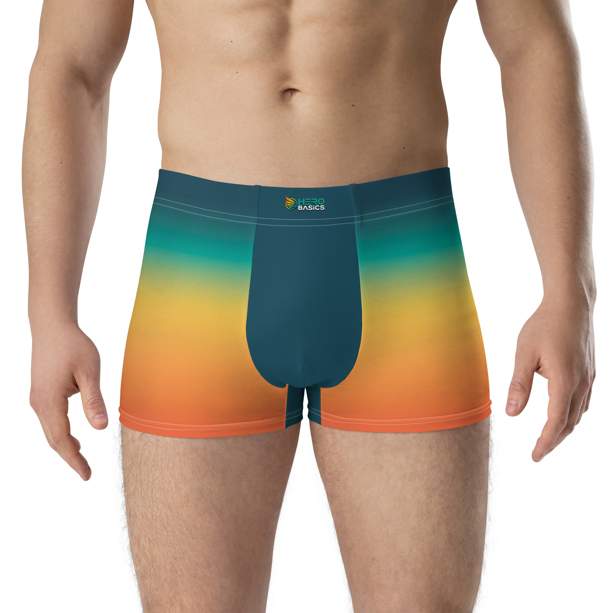 a man wearing a colorful pair of hero in training boxer briefs