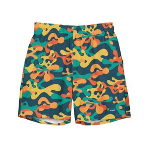 Recycled Camo Swim Trunks with a colorful camouflage pattern