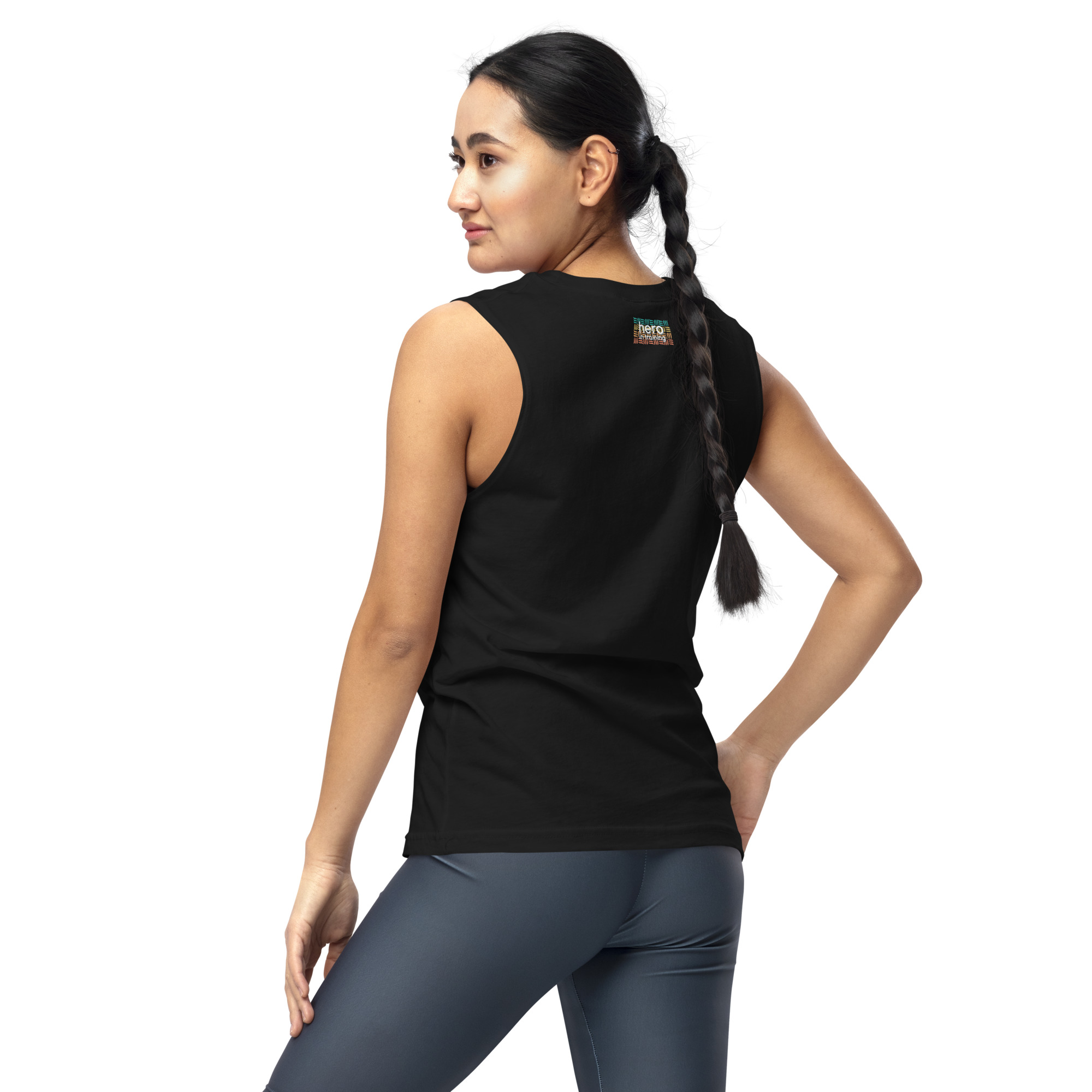 a woman posing in a hero in training sleeveless tee