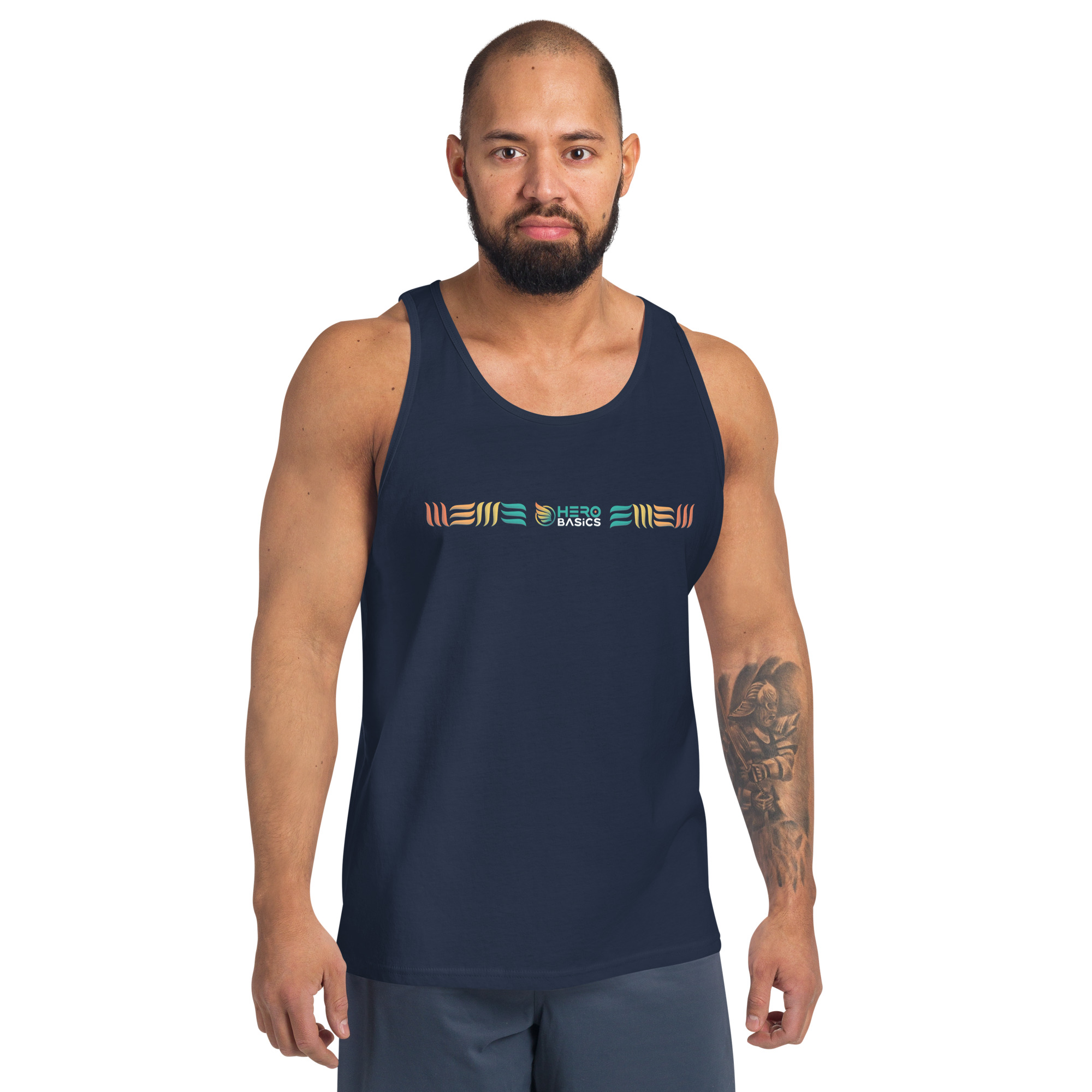 a man wearing a navy blue Hero Basics men's cotton tank top