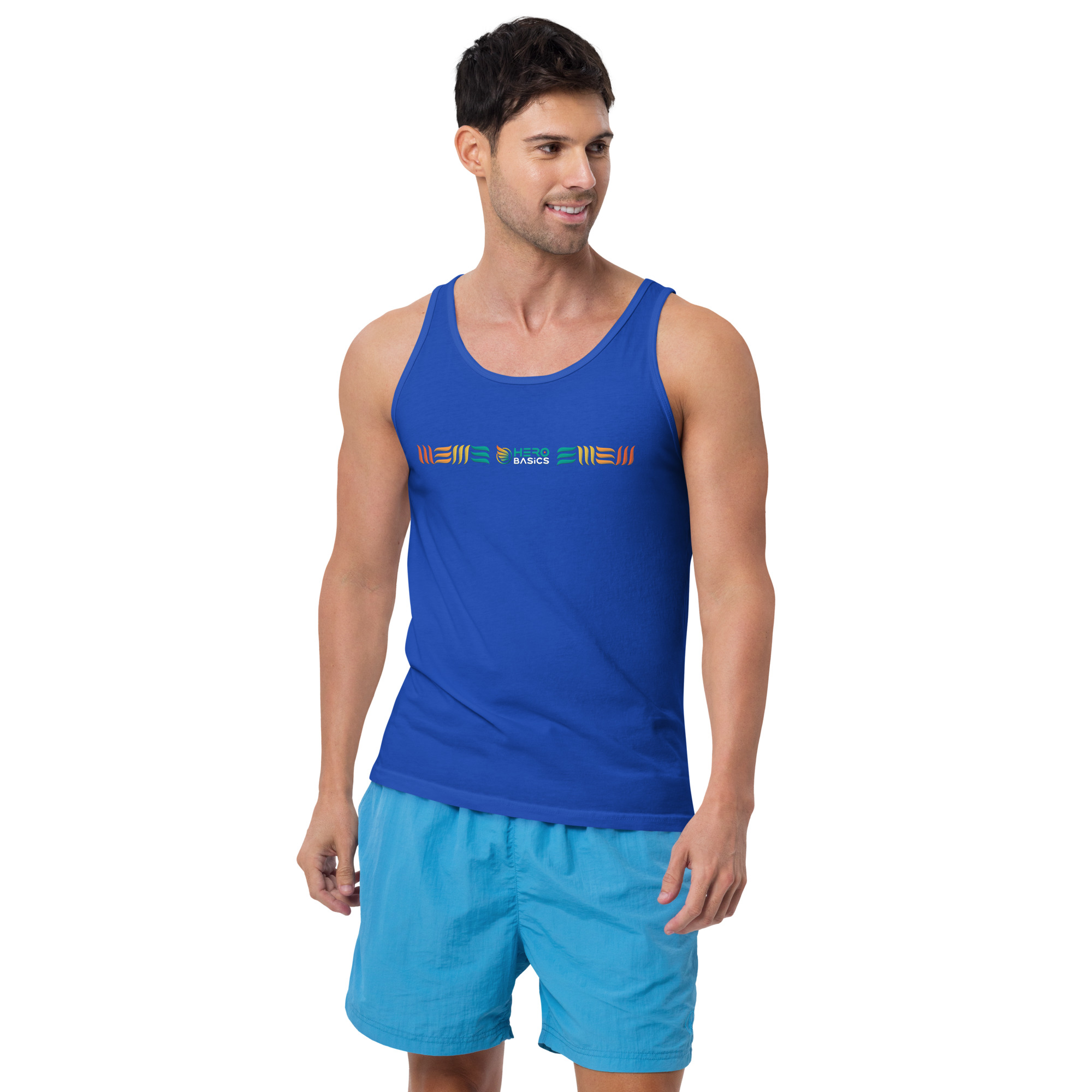 a man wearing men's cotton tank top in royal blue by Hero Basics