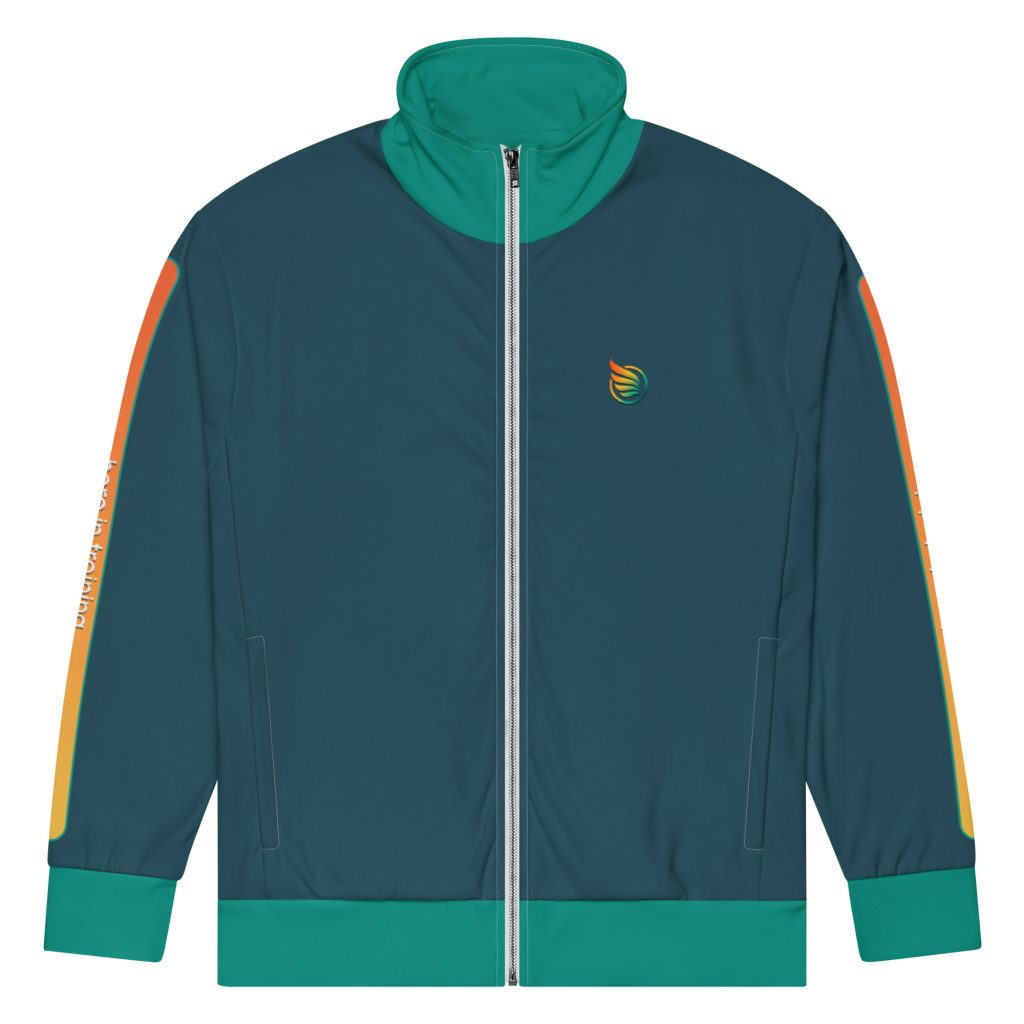 a flat hero in training zip up active jacket in dark blue and teal green colors