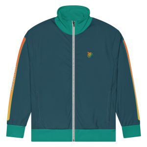 a flat hero in training zip up active jacket in dark blue and teal green colors