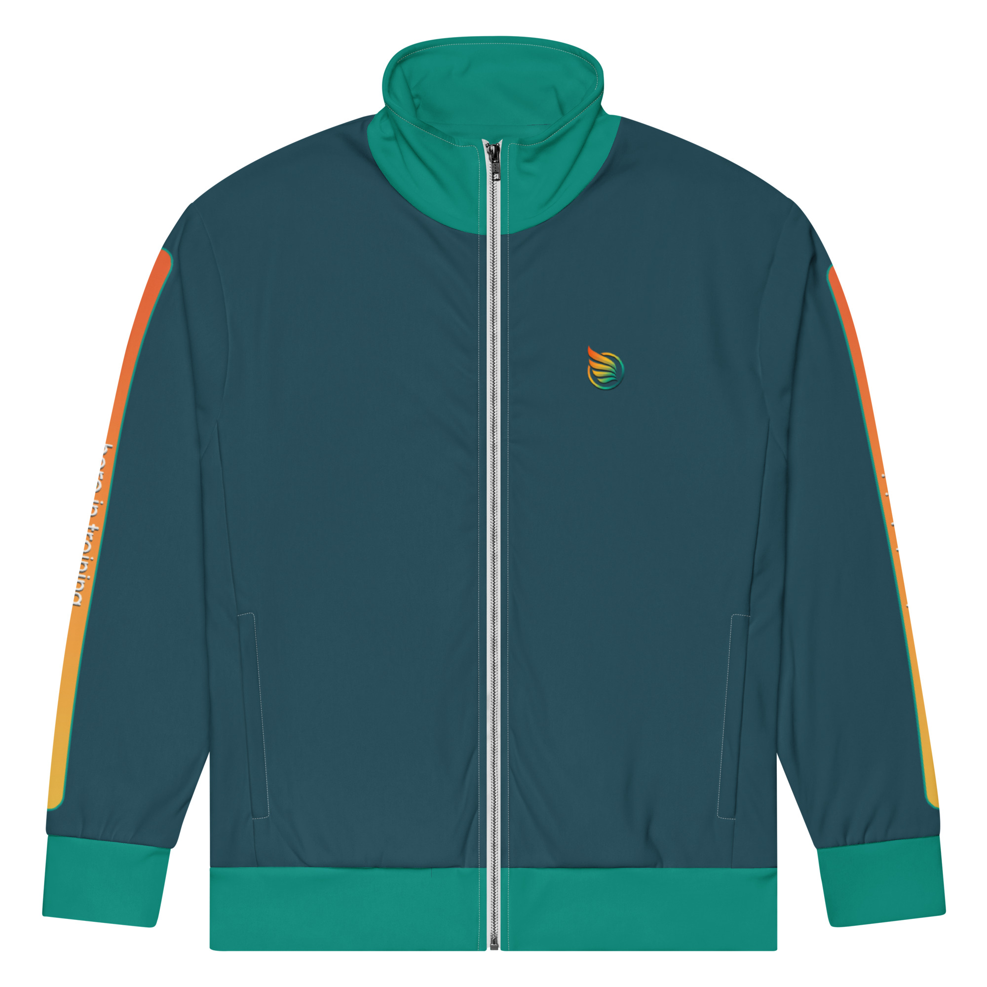 a flat hero in training zip up active jacket in dark blue and teal green colors