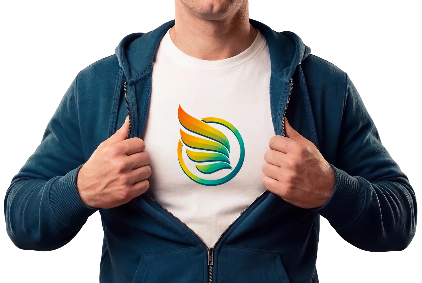 man with an open zip hoody sweater jacket exposing the Hero Basics emblem