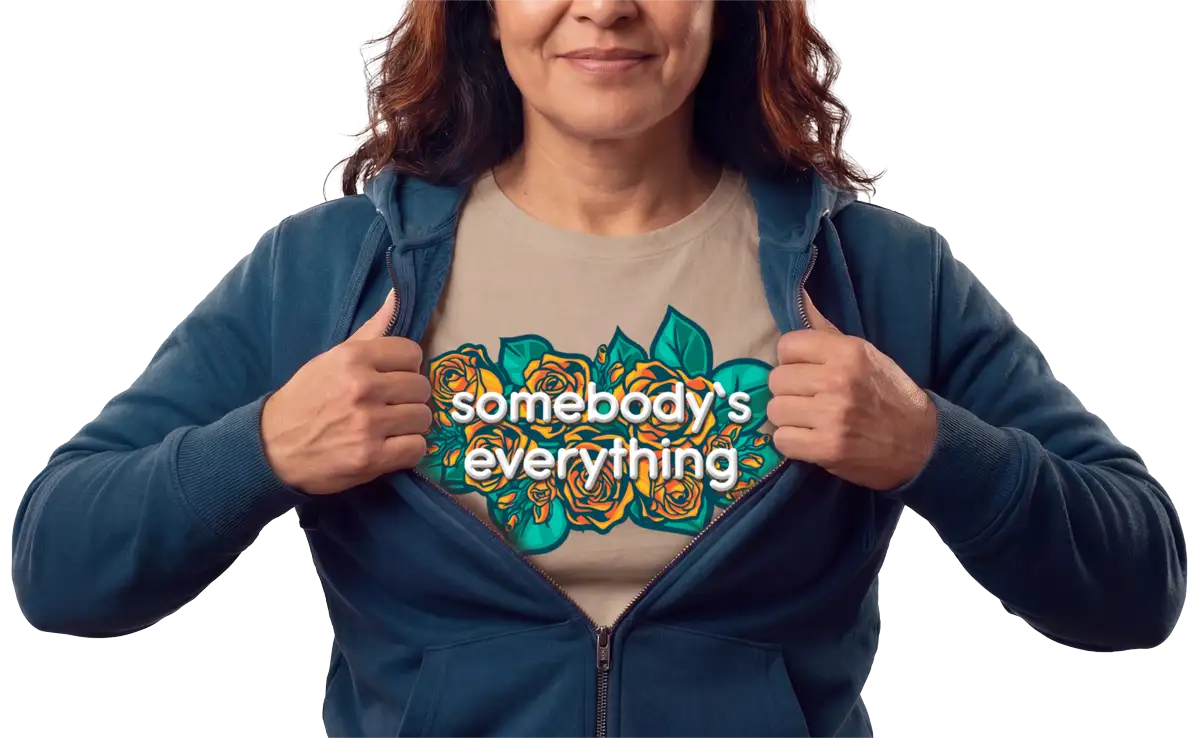 Hero-Mom-with-open-zip-sweater-revealing-somebodys-everything-tee