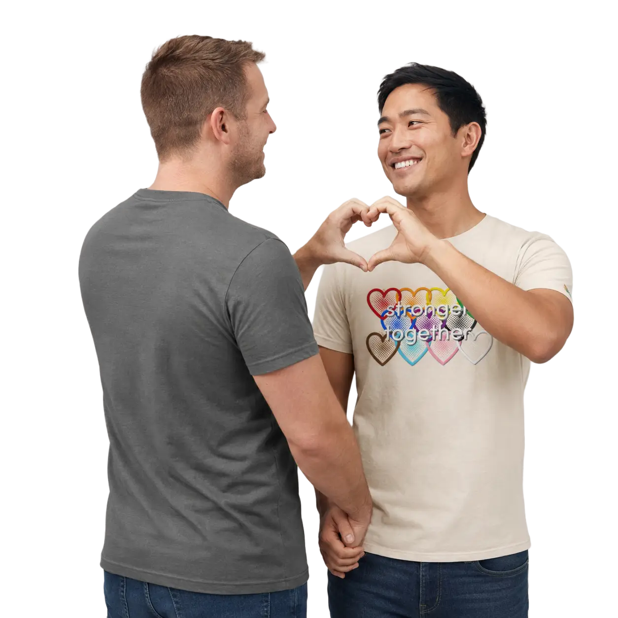 Gay-couple-holding-hands-and-making-a-heart-while -wearing-stronger-together-tee-shirt